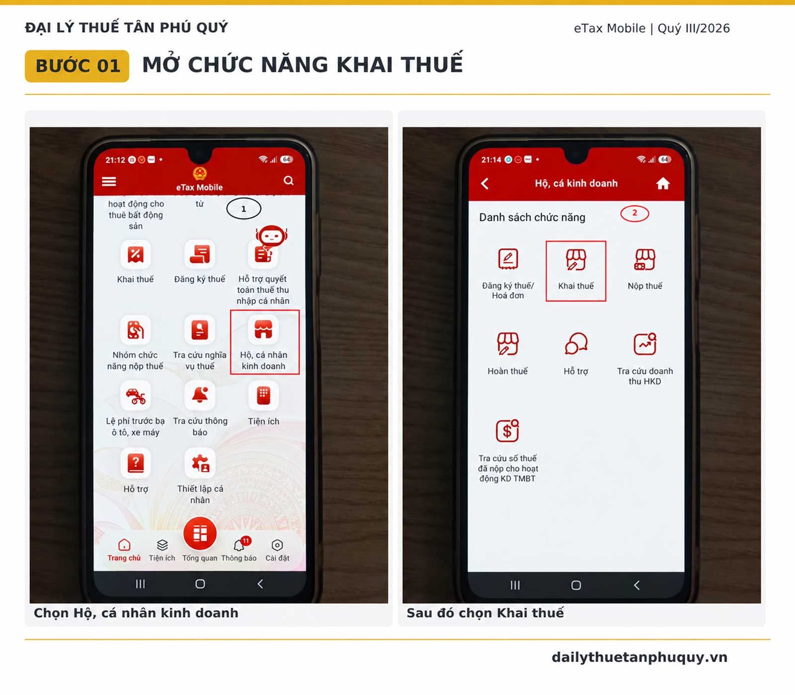 Ảnh giao diện hướng dẫn bước 1: mở chức năng khai thuế hộ kinh doanh trên eTax Mobile – Tân Phú Quý