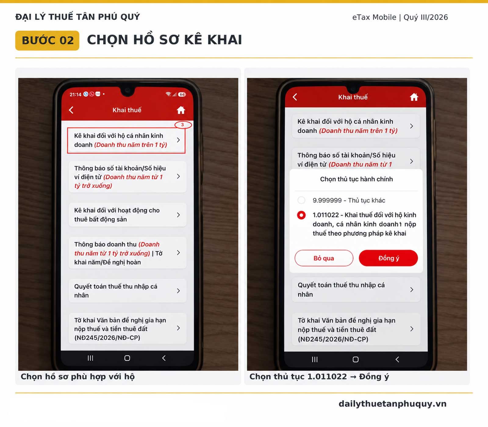 Ảnh giao diện hướng dẫn bước 2: chọn hồ sơ 01/cnkd phù hợp trên eTax Mobile – Tân Phú Quý