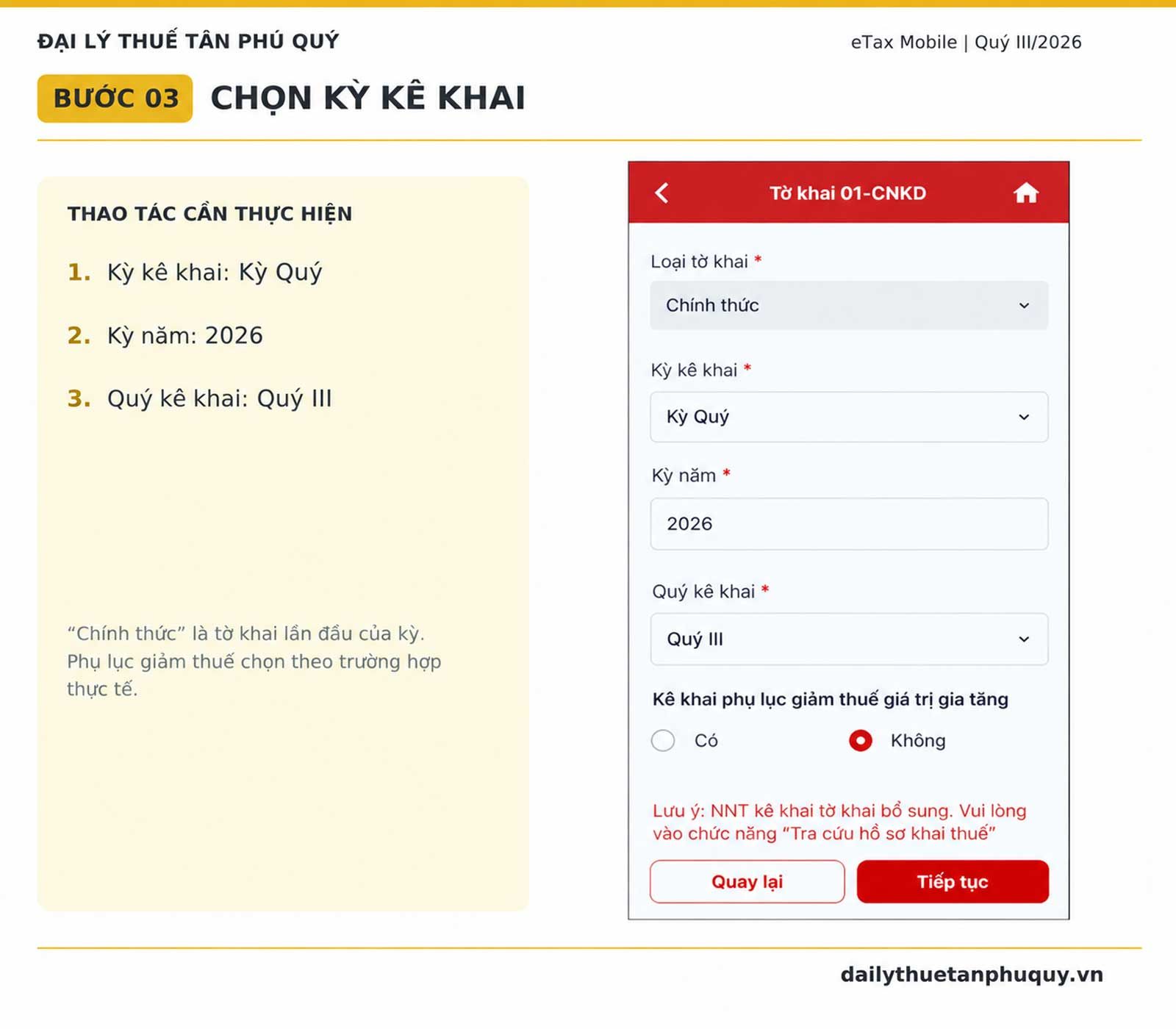 Ảnh giao diện hướng dẫn bước 3: kiểm tra thông tin và chọn quý iii/2026 trên eTax Mobile – Tân Phú Quý