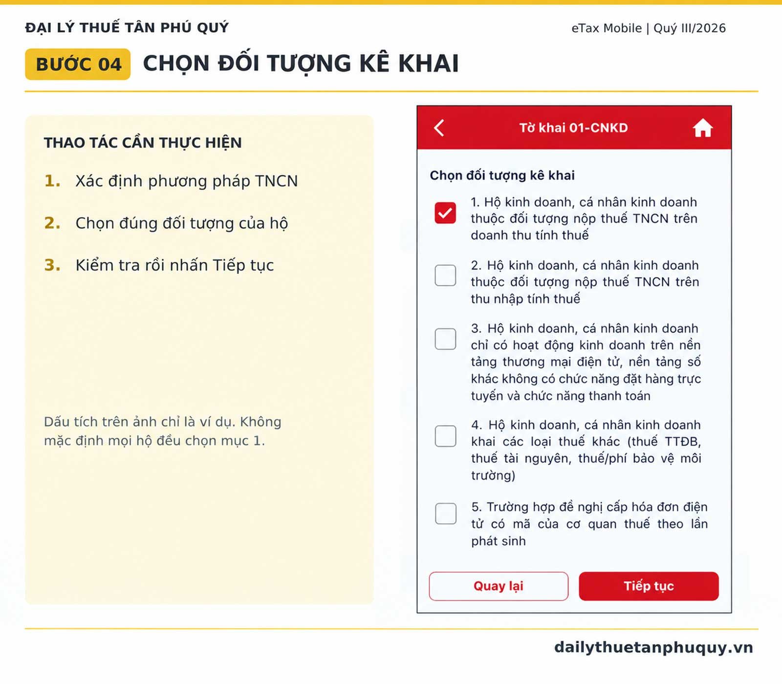 Ảnh giao diện hướng dẫn bước 4: chọn đúng phương pháp tính thuế tncn trên eTax Mobile – Tân Phú Quý