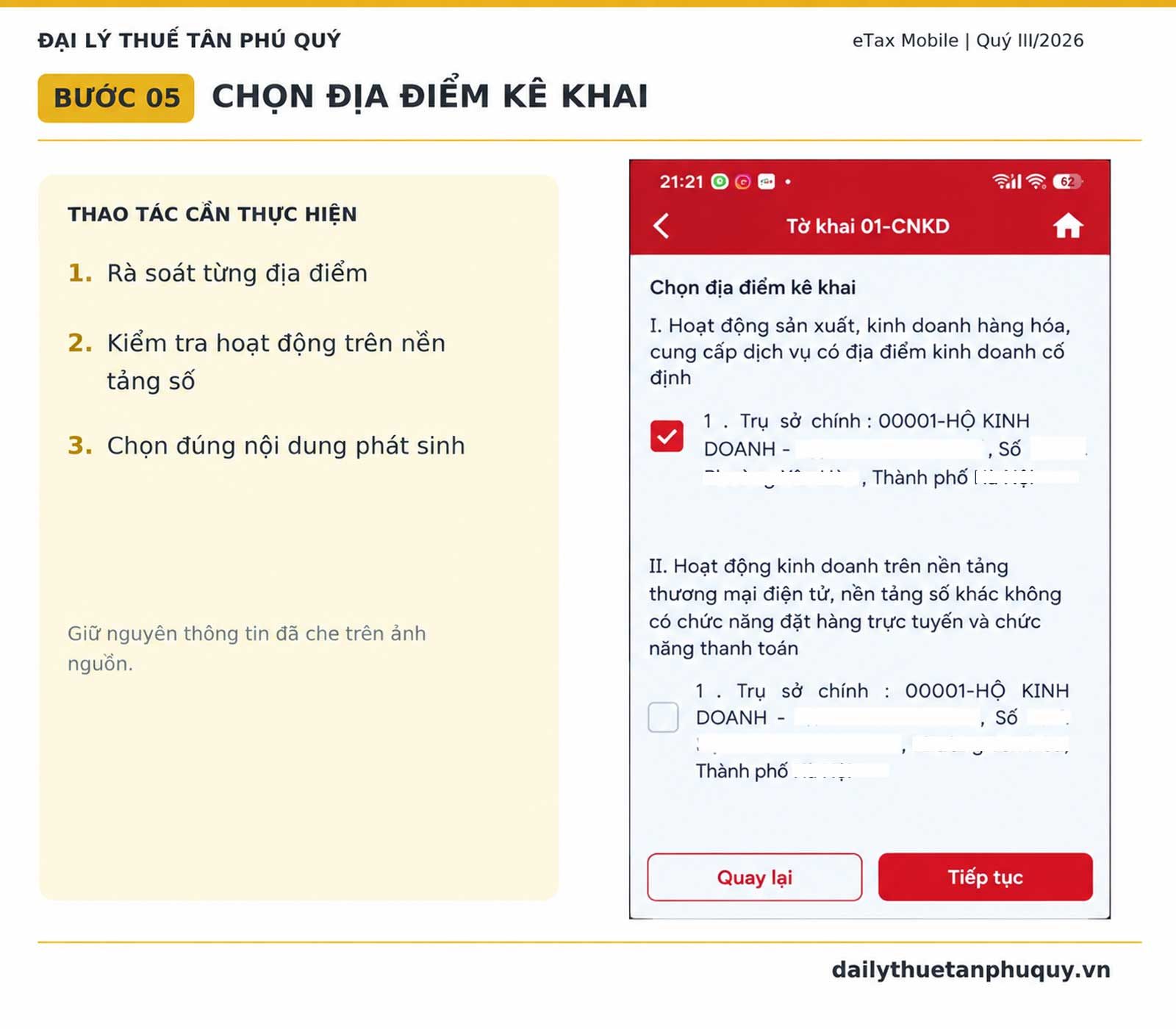 Ảnh giao diện hướng dẫn bước 5: khai địa điểm và hoạt động kinh doanh trên eTax Mobile – Tân Phú Quý