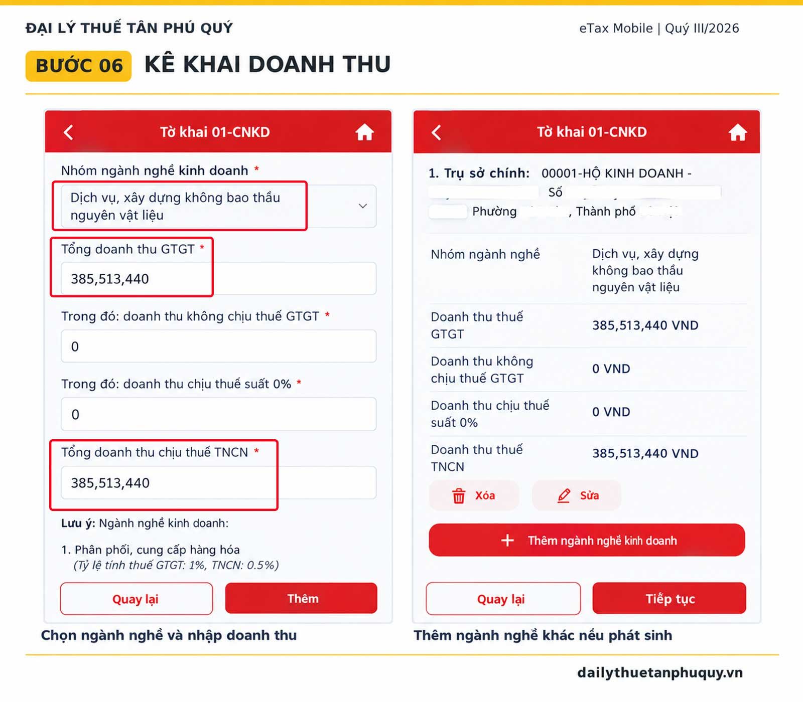 Ảnh giao diện hướng dẫn bước 6: nhập doanh thu theo ngành nghề trên eTax Mobile – Tân Phú Quý