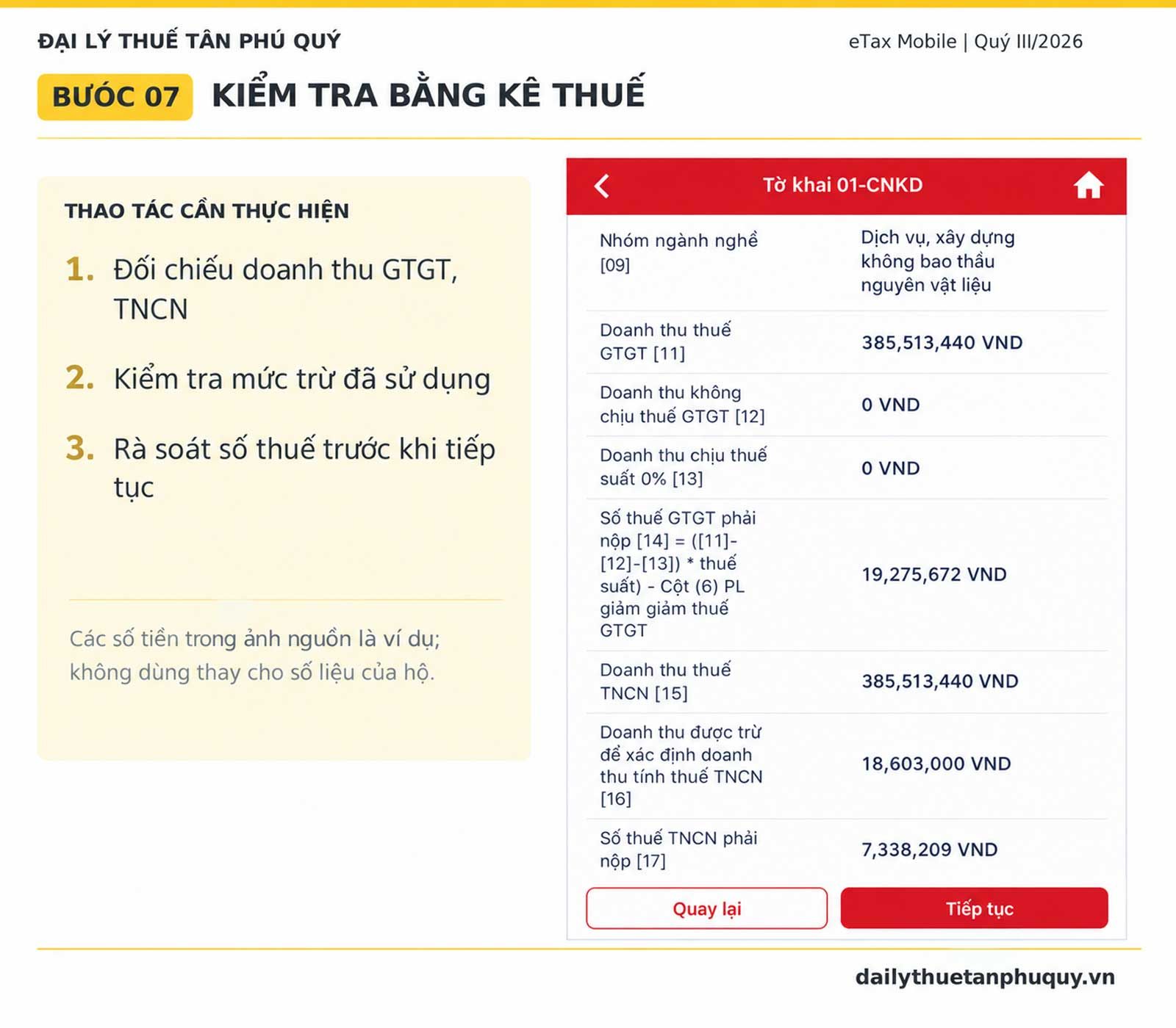 Ảnh giao diện hướng dẫn bước 7: rà soát số thuế trên hồ sơ trên eTax Mobile – Tân Phú Quý